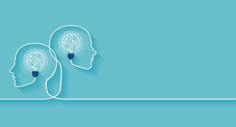 Two face silhouttes with with light bulb drawn in the place of brain