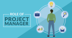 A man standing and various icons placed around him depicting the role of a project manger handling multiple tasks