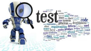 A robot with a magnifying glass looking at randomaly spreaded words adn the word Test is highlighted