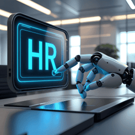 Robot hands touching screen that has words HR written on it