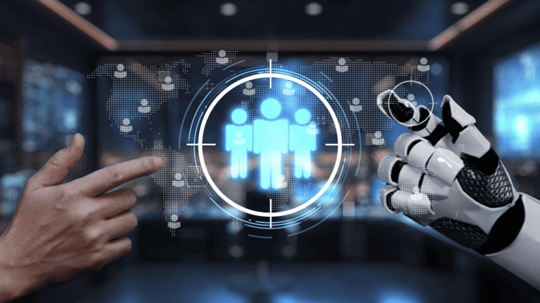Human hand and robotic hand pointing toward a digital interface displaying people icons and a global network.