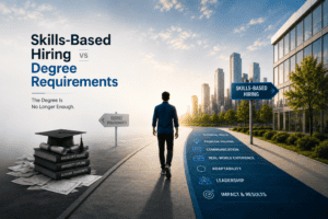 Skills-Based Hiring vs Degree Requirements illustration showing a professional choosing a career path based on technical skills, communication, leadership, adaptability, real-world experience, and results instead of academic degrees.